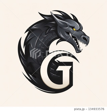 Dragon head with letter G in black and white, vector illustration. Dragon head with letter G in black and white, vector illustration. 134933576