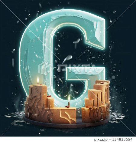 Glowing letter G in a snow globe. 3D rendering. Glowing letter G in a snow globe. 3D rendering. 134933584