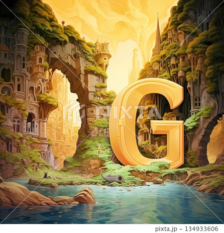 Fantasy landscape with castle in the middle of the water and letter G 134933606