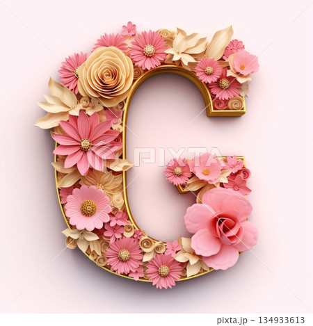 Letter G made of flowers. Floral font. 3D rendering Letter G made of flowers. Floral font. 3D rendering 134933613