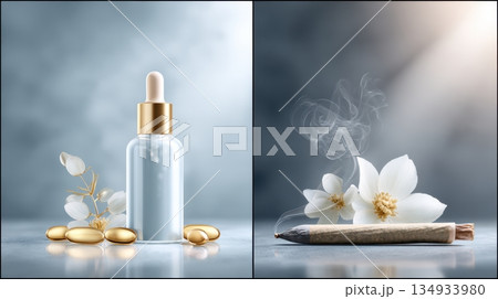 Ultra realistic editorial magazine cover design featuring a cosmetic dropper bottle with golden accents and aromatic flowers creating a serene ambiance 134933980