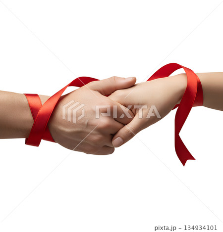 Two hands gently bound together by a delicate red ribbon, symbolizing love, unbreakable connection, partnership, and romantic bonds Two hands gently bound together by a delicate red ribbon, symbolizing love, unbreakable connection, partnership, and romantic bonds 134934101