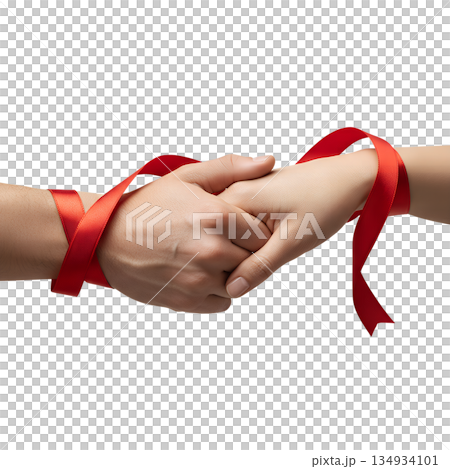 Two hands gently bound together by a delicate red ribbon, symbolizing love, unbreakable connection, partnership, and romantic bonds Two hands gently bound together by a delicate red ribbon, symbolizing love, unbreakable connection, partnership, and romantic bonds 134934101