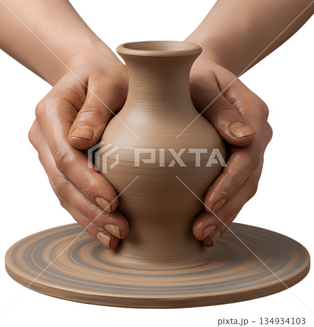 Close-up of a potter's hands shaping wet clay on a spinning pottery wheel, showing the creative process and craftsmanship 134934103