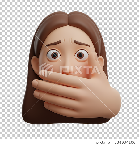 3d cartoon woman with a terrified expression and her mouth covered by hands, symbolizing silence, fear, trauma, and the inability to speak 134934106