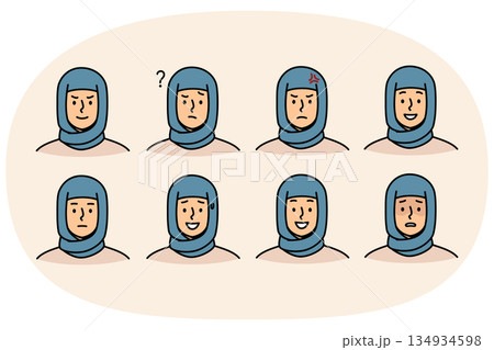 Woman in hijab demonstrates different emotions and moods by making happy or sad grimace Woman in hijab demonstrates different emotions and moods by making happy or sad grimace 134934598