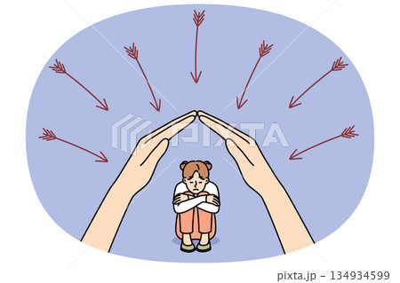 Mother hands protect little daughter from dangers and arrows, for concept of maternal philanthropy 134934599
