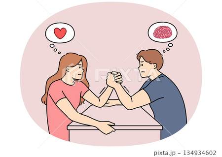 Gender conflict between man and woman engaged in arm wrestling, and thinking with heart or brain Gender conflict between man and woman engaged in arm wrestling, and thinking with heart or brain 134934602