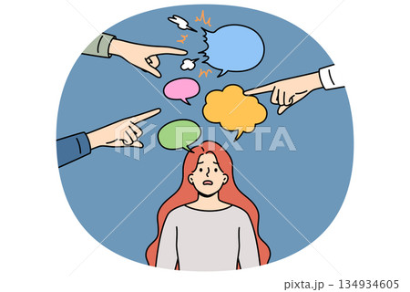 Women hear misogyny and discriminatory remarks from men pointing fingers at frustrated victim Women hear misogyny and discriminatory remarks from men pointing fingers at frustrated victim 134934605