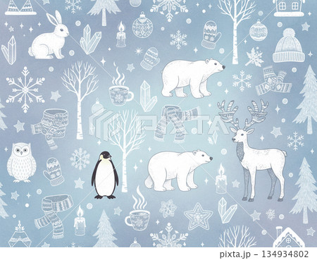 冬の森の中の動物たちとクリスマスアイテムの手書き風パターン背景 134934802