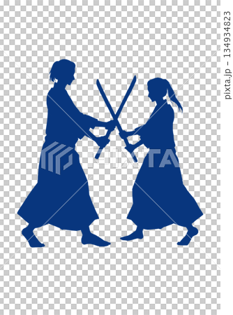 Two people sparring (silhouette, indigo blue) 134934823