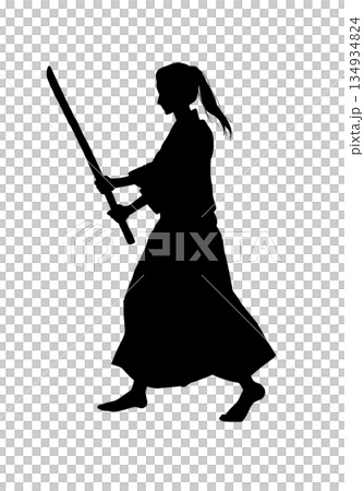 A small person holding a wooden sword (silhouette, black) 134934824