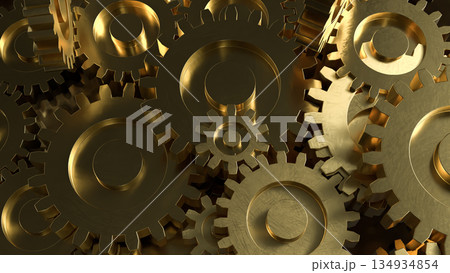Golden Mechanical Gears Concept Representing Industry Engineering and Business Efficiency 3d render. 134934854