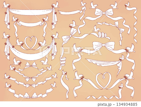 リボンと鳩のクラシカルな飾り枠・ライン素材セット：ウェディングやバレンタインに 134934885