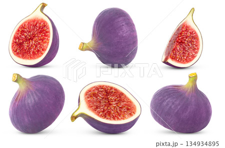 Collection of purple fig fruits and half and cut in a slice isolated on white background. 134934895