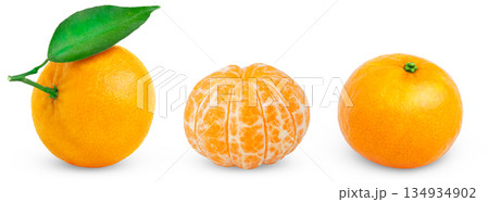 Set of ripe tangerines, whole, peeled, without peel, isolated on a white background. Mandarin with leaf. 134934902