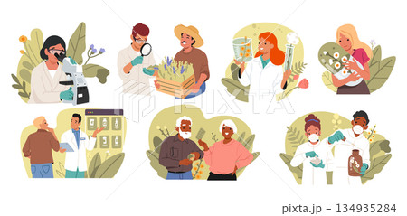 Natural remedies, holistic healing and alternative medicine business isolated cartoon scenes set 134935284