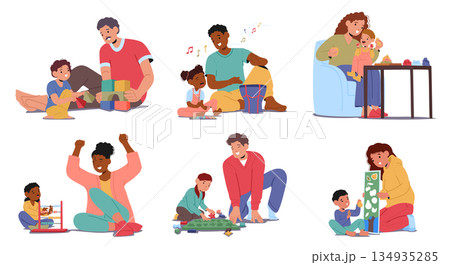 Parents and kids playing together at home focusing on quality time and family bonding isolated set Parents and kids playing together at home focusing on quality time and family bonding isolated set 134935285