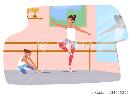 Girl dancer tying laces on shoes, preparing for dance lesson at ballet school with teacher nearby Girl dancer tying laces on shoes, preparing for dance lesson at ballet school with teacher nearby 134935295