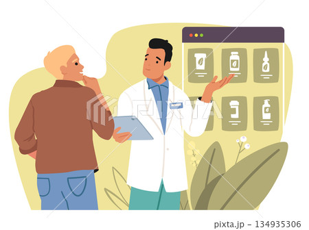 Pharmacist offering homeopathic supplements and organic remedies for healthcare cartoon scene 134935306