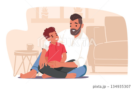 Tender joyful moment between dad and his pre-adolescent son cartoon scene showing strong family ties Tender joyful moment between dad and his pre-adolescent son cartoon scene showing strong family ties 134935307
