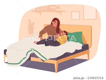Tender peaceful scene of mother and girl child sharing affectionate moment in morning or evening 134935314