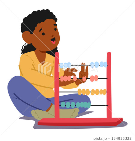 Little preschool girl beginning her journey to learn mental arithmetic using classic wooden abacus 134935322