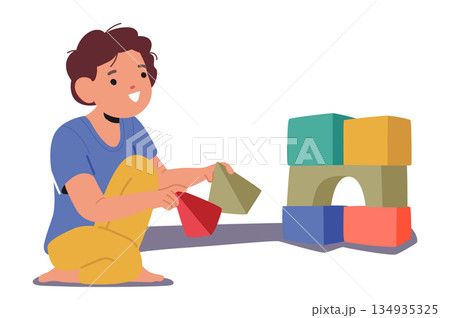 Preschool boy cartoon character engaged in constructive play with building blocks isolated on white 134935325