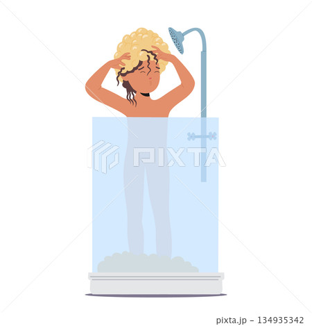 Little girl kid cartoon character taking shower enjoying essential personal hygiene daily procedure 134935342