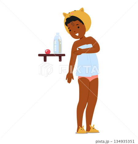 Cute girl child cartoon character applying skin oil for body care after shower isolated on white Cute girl child cartoon character applying skin oil for body care after shower isolated on white 134935351