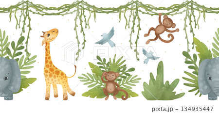 Seamless border with a tropical scene, a giraffe, monkeys, an elephant, birds, greenery. Cartoon illustration in a flat style. Watercolor, pastel, gouache. For design of children's products, prints 134935447