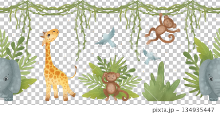 Seamless border with a tropical scene, a giraffe, monkeys, an elephant, birds, greenery. Cartoon illustration in a flat style. Watercolor, pastel, gouache. For design of children's products, prints 134935447