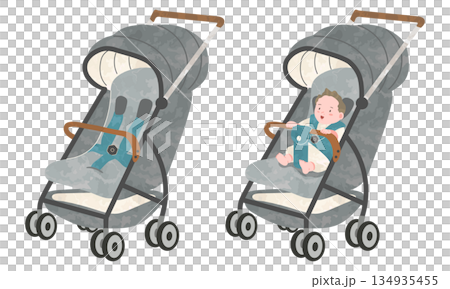 ベビー化とベビーカーに乗った赤ちゃんのセット 134935455