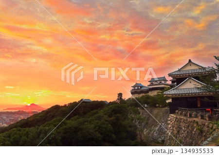 【愛媛県】桜咲く松山城の夕景（現存天守） 134935533