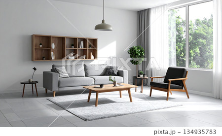 リビングのグレーソファと木製テーブルが作る落ち着いたモダン空間「AI生成画像」 134935783