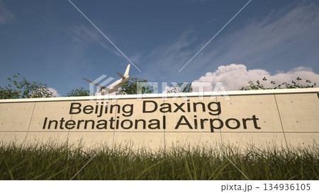 Arrivals at Beijing Daxing International Airport with airplane landing near terminal, Beijing, China 3D rendering 134936105