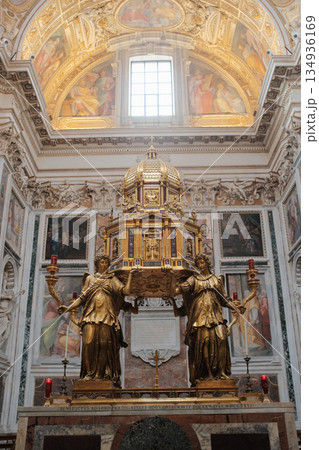 Basilica of Saint Mary Major Rome ornate gilded altar with reliquary marble columns baroque chapel interior sacred art vertical composition editorial use only. High quality photo 134936169