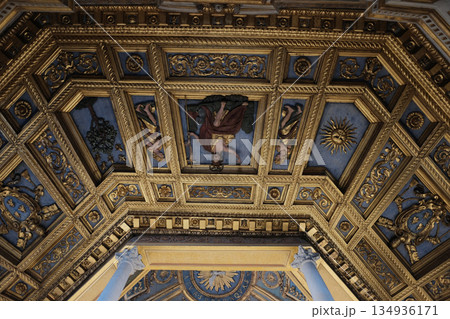 Archbasilica of Saint John Lateran interior Rome golden coffered ceiling marble columns statues ornate chapels baptistery and apse Catholic basilica Italy. High quality photo Archbasilica of Saint John Lateran interior Rome golden coffered ceiling marble columns statues ornate chapels baptistery and apse Catholic basilica Italy. High quality photo 134936171