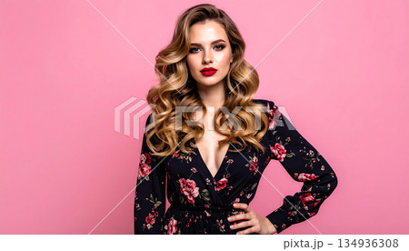 花柄ドレスを着た美人女性が気品を漂わせるスタジオ撮影 134936308