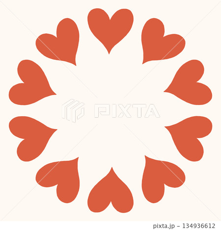 Simple circular frame made of bold red heart shapes arranged in a clean, modern ring. Minimal and playful design perfect for Valentines Day, love themed graphics, cards, stickers, and invitations 134936612