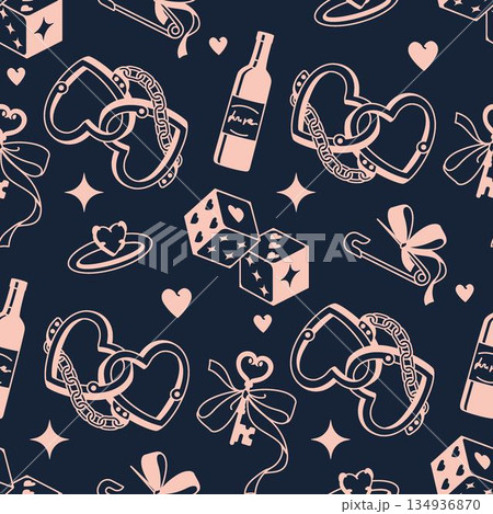 Romantic chaos vibe seamless pattern on a dark background. Features heart-shaped handcuffs, sparkling wine, dice, and ribbon bows for a love disaster aesthetic. 134936870
