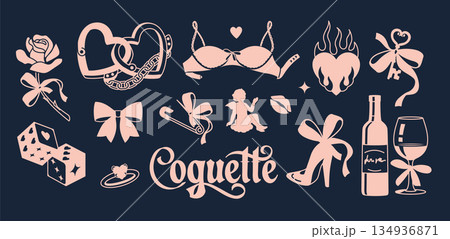 A set of soft darkness aesthetic silhouette graphic elements: flaming heart, heels, bra, cherub, rose, sparkling wine, handcuffs, and dice. Dark and pink color palette. A set of soft darkness aesthetic silhouette graphic elements: flaming heart, heels, bra, cherub, rose, sparkling wine, handcuffs, and dice. Dark and pink color palette. 134936871