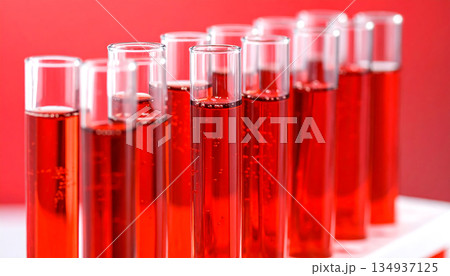 試験管の中で赤色液体と気泡が映えるガラス素材表現 134937125