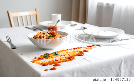 汚れが広がるテーブルクロスとこぼれたトマトソースの食後風景 134937139