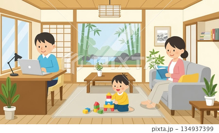 和室リビングで過ごす、家族の穏やかな時間 134937399