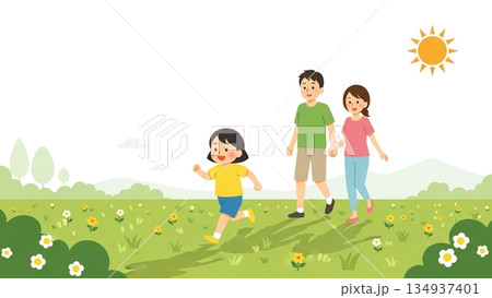花咲く野原を駆け巡る、元気いっぱいの子供 134937401