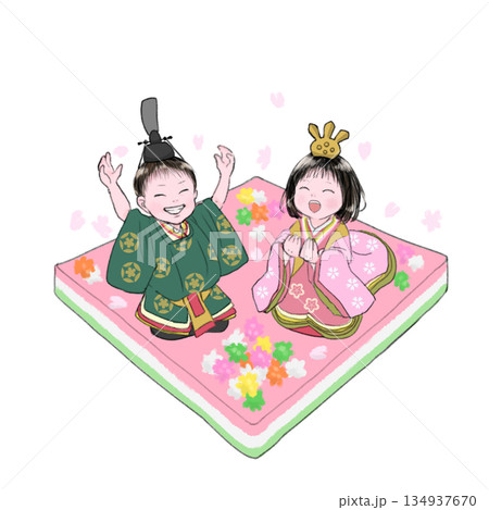 ひな祭りにお雛様とお内裏様になってはしゃいでる女の子と男の子 134937670