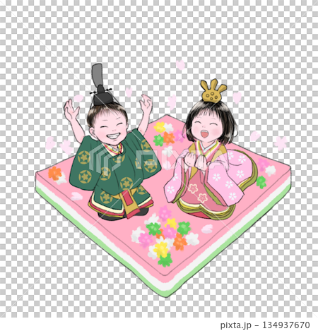 ひな祭りにお雛様とお内裏様になってはしゃいでる女の子と男の子 134937670