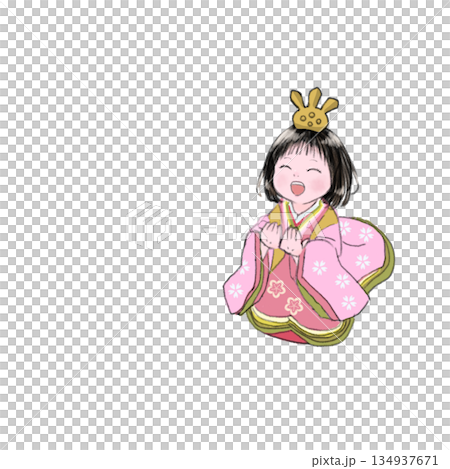 在女兒節這天，一個女孩興高采烈地裝扮成雛人偶。 134937671