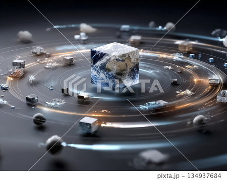 AIデータ中枢と地球コアを表現した未来テクノロジー概念背景｜情報ネットワークと循環構造 134937684